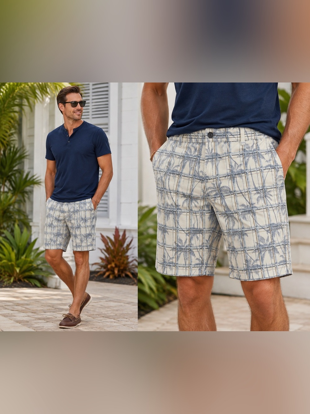 Caribbean Cream and Blue Palm-Grid Flat Front Shorts